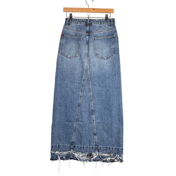 BDG XS Mandi A-Line High Front Slit Distressed Raw Hem Blue Denim Maxi Skirt - Picture 2 of 12